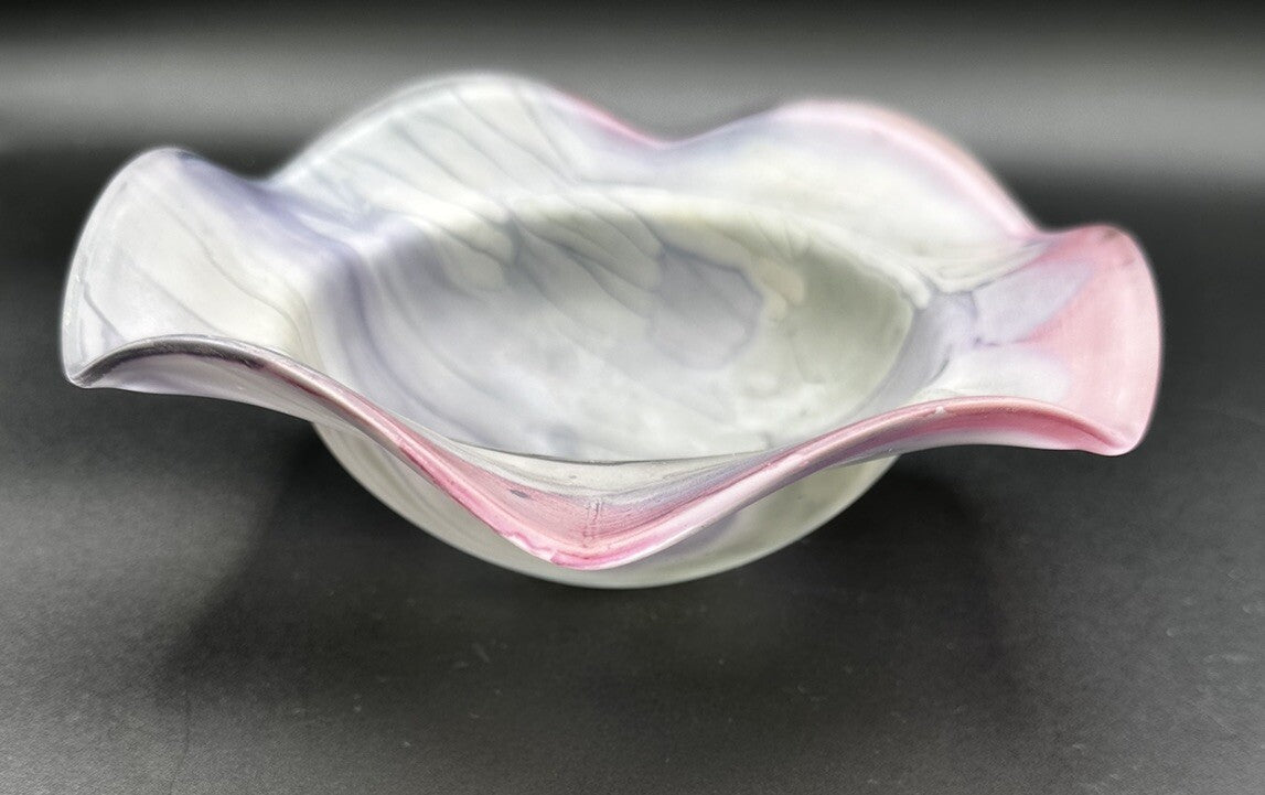 Bowl Purple Pink Drip Rueven Nouveau  Art Glass Scalloped Edge Vintage