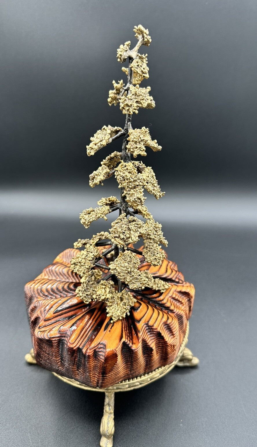 Bonsai Fur Tree Wood Base  10.75”Tall Handmade Hand Painted Bronze Vtg