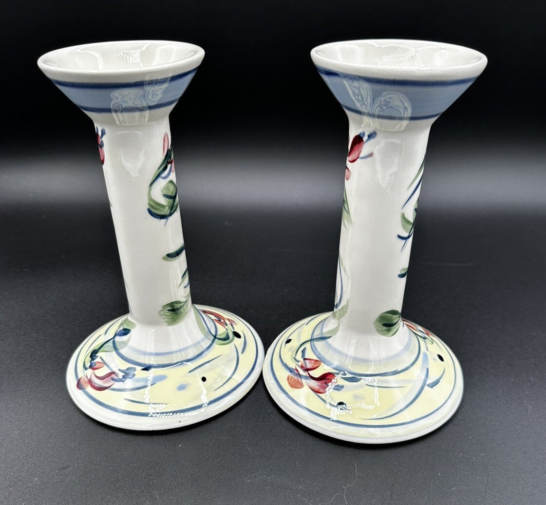 Candle Holders Signed Gail Pittman 7" Blue White Floral Narrow Neck