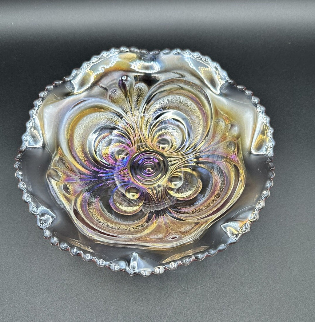 Bowl Iridescence Sawtooth Pearl Imperial Art Glass Scroll Pink Ruffled Vintage