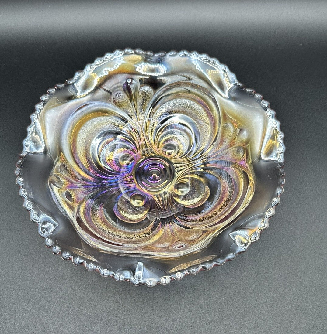 Bowl Iridescence Sawtooth Pearl Imperial Art Glass Scroll Pink Ruffled Vintage