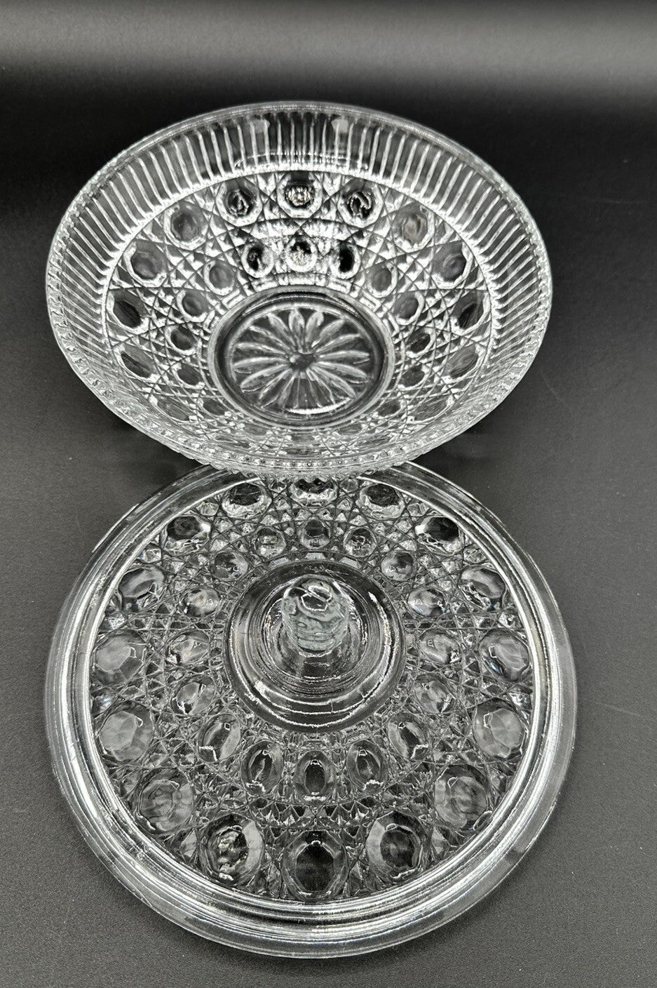 Candy Dish Bowl Lid Indiana Glass Windsor Button & Cane Clear Large Vintage