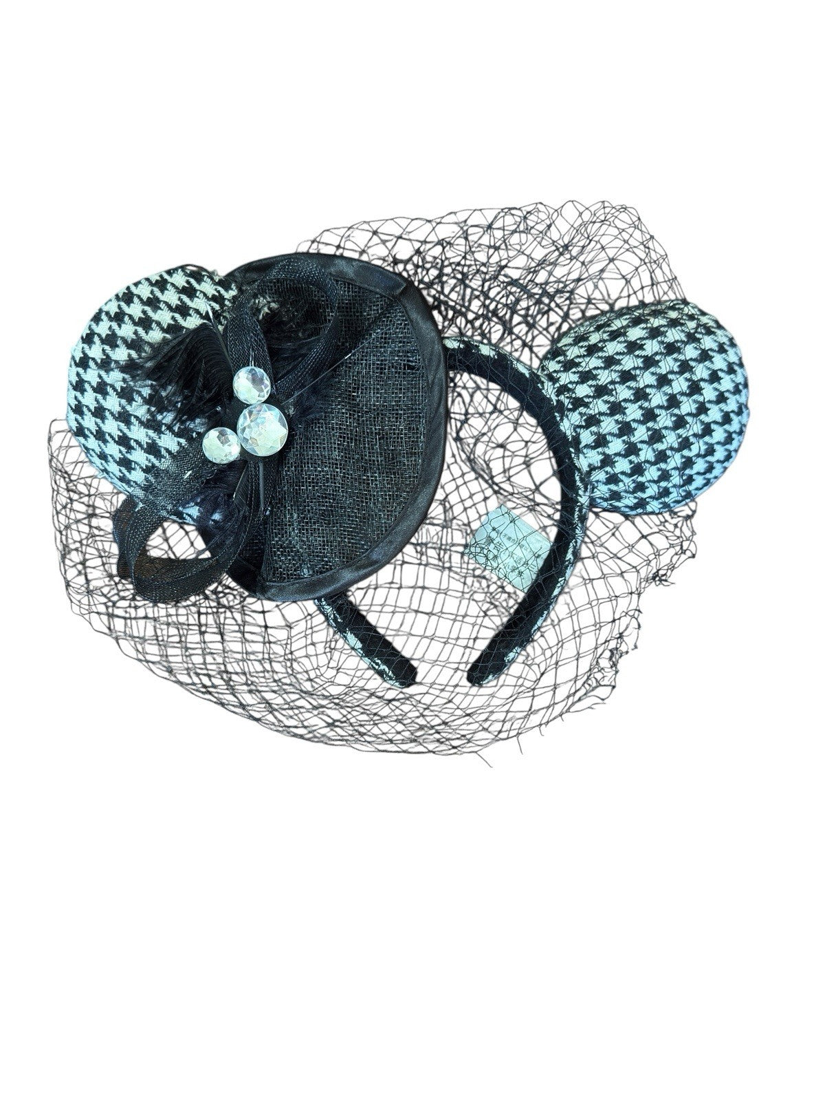 Ears Minnie Mouse Disneyland Black White Houndstooth Feathers Hat Net Preowned