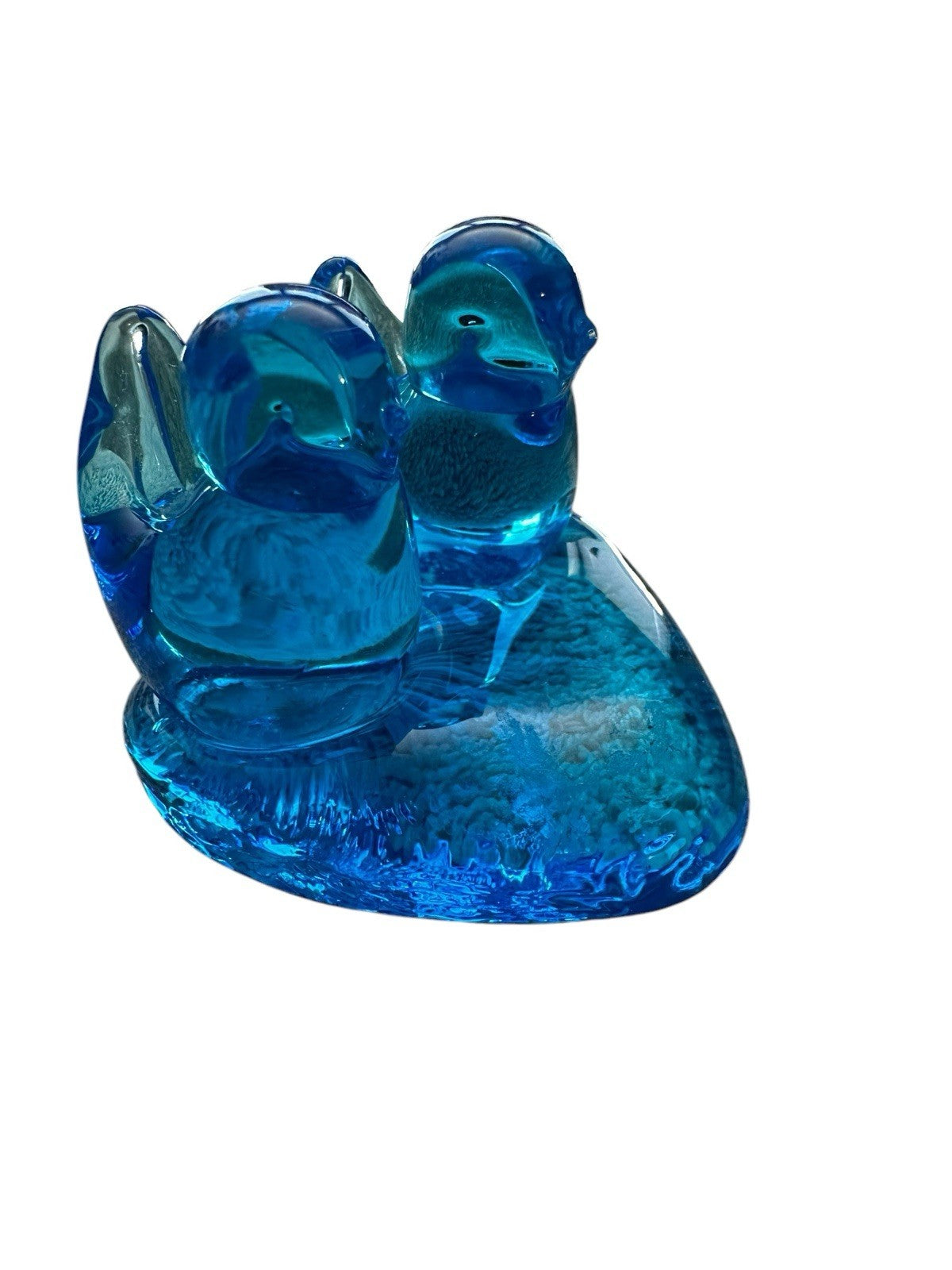 Blue Birds of Happiness Glass Figurine on Heart Base Leo Ward 2000 Signed Vtg