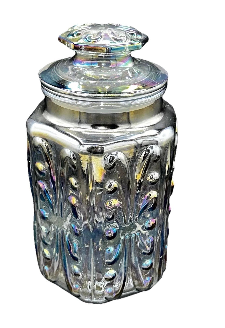 Cookie Jar Canister Carnival Glass Purple Iridescent Embossed Rainbow Vintage