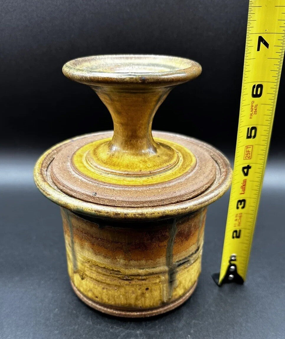 Butter Bell Keeper Crock Yellow/Brown Hues Drip Glaze Studio Art Pottery Signed