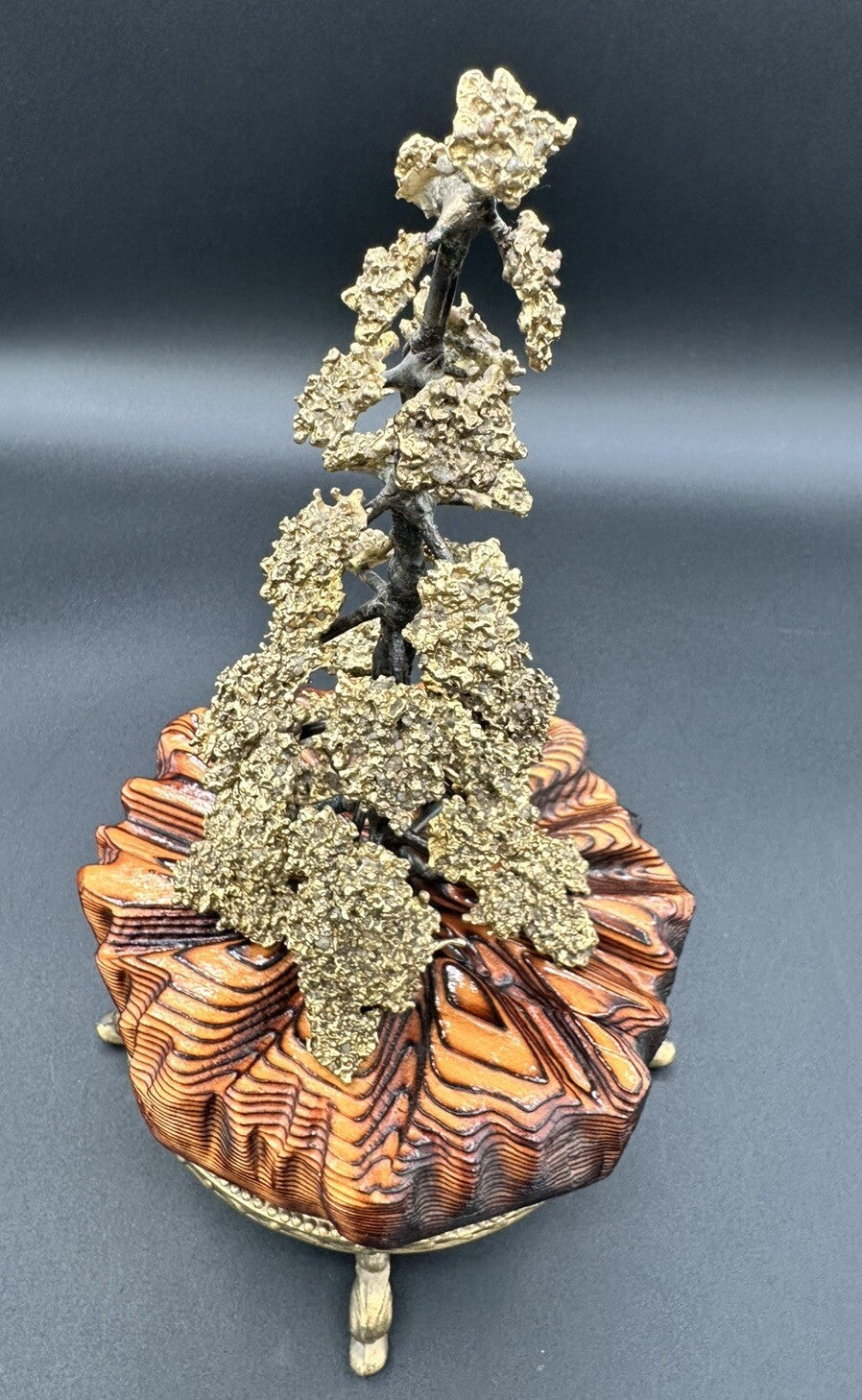 Bonsai Fur Tree Wood Base  10.75”Tall Handmade Hand Painted Bronze Vtg