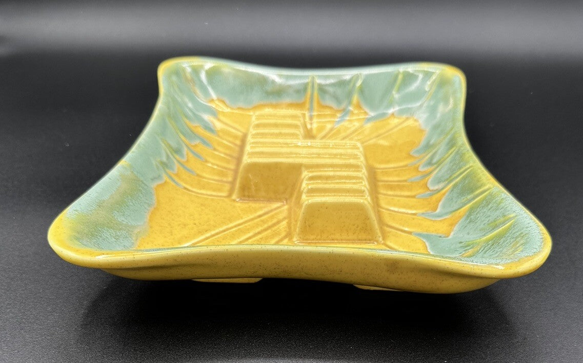 Ashtray USA Pottery 3419 Yellow Teal Green Drip Glaze 50s Vintage