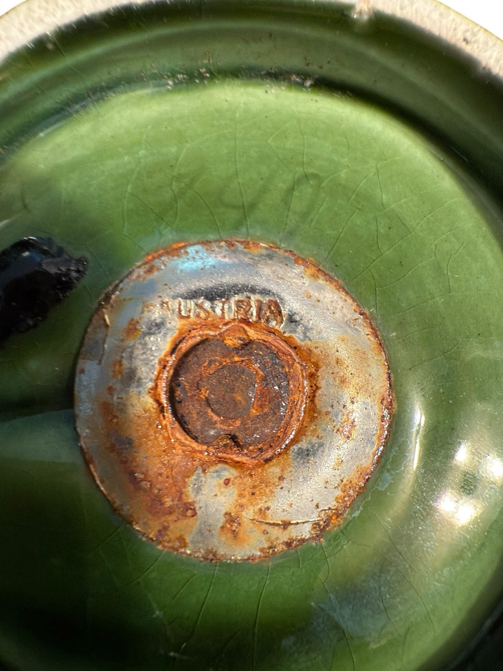 Candle Holder Green Base Decorated With Pink Roses And Metal Top And Handle Vtg