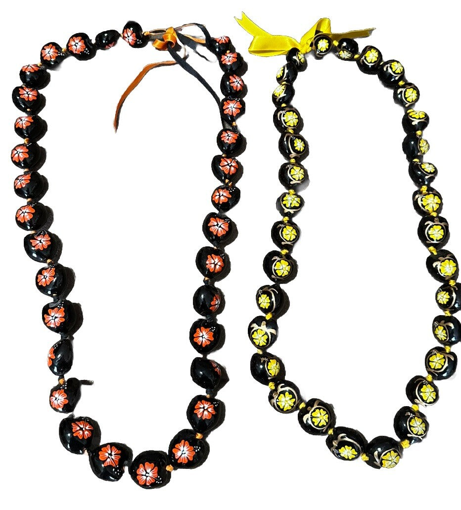 Kukui Nut Necklaces Hand Painted Hibiscus, Orange And Yellow Gold (2) Hawaiian