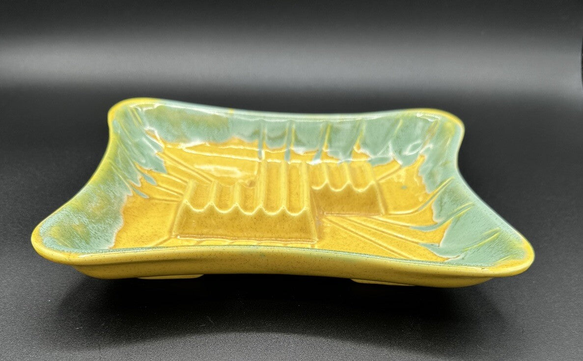 Ashtray USA Pottery 3419 Yellow Teal Green Drip Glaze 50s Vintage