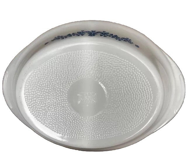 Casserole Split Dish White Blue Pinwheel J-239 Glasbake Oval Divided Vintage