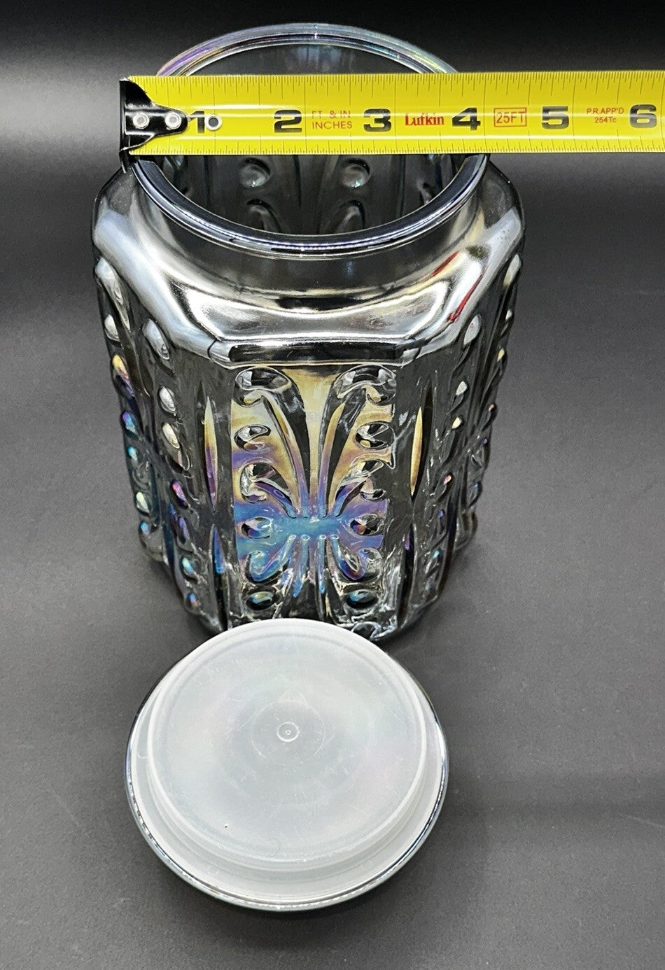 Cookie Jar Canister Carnival Glass Purple Iridescent Embossed Rainbow Vintage