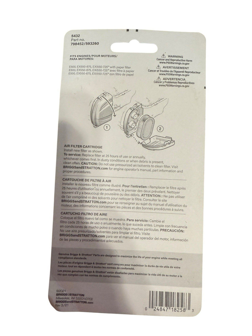Air Filter Briggs & Stratton Genuine 5432 E550, 550EX & EXi Part # 798452/593260