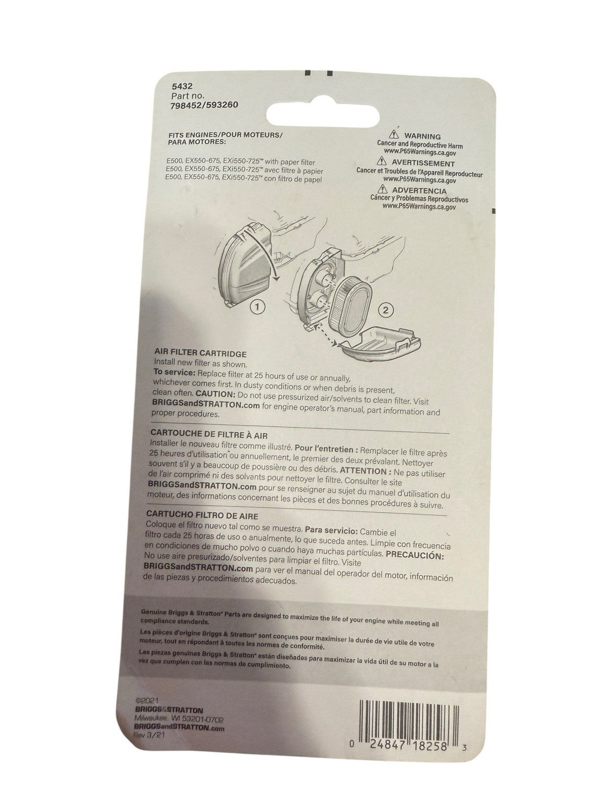 Air Filter Briggs & Stratton Genuine 5432 E550, 550EX & EXi Part # 798452/593260