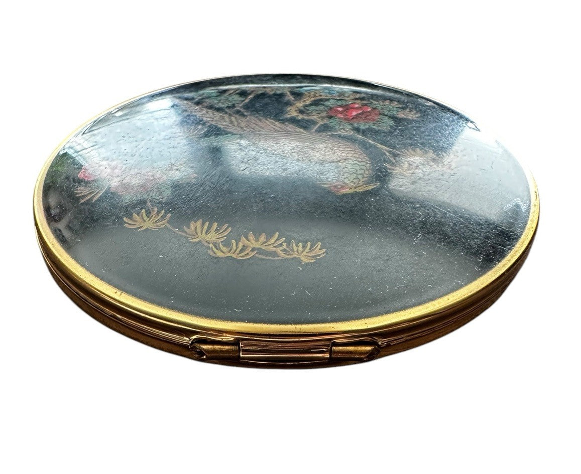 Compact Mirror England Stratton Pheasant Black/Gold Enamel Face Powder Vintage