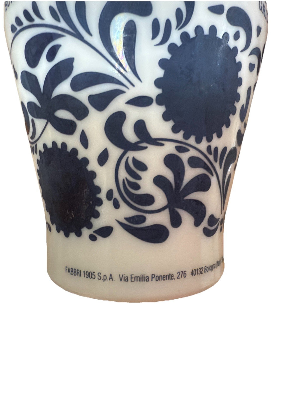 Amarena Fabbri Milk Glass Jar "Empty" Cherries Blue White Floral 5.25" H Italy