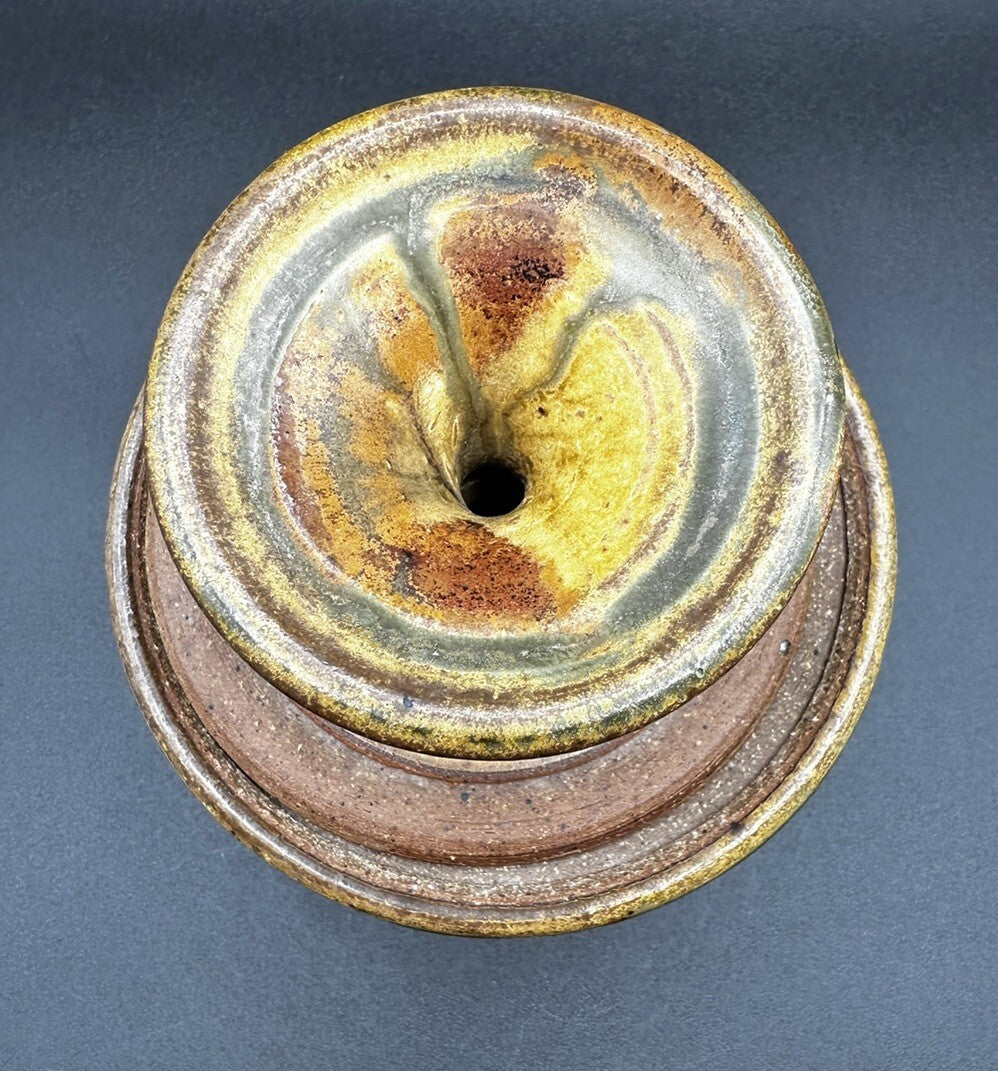 Butter Bell Keeper Crock Yellow/Brown Hues Drip Glaze Studio Art Pottery Signed