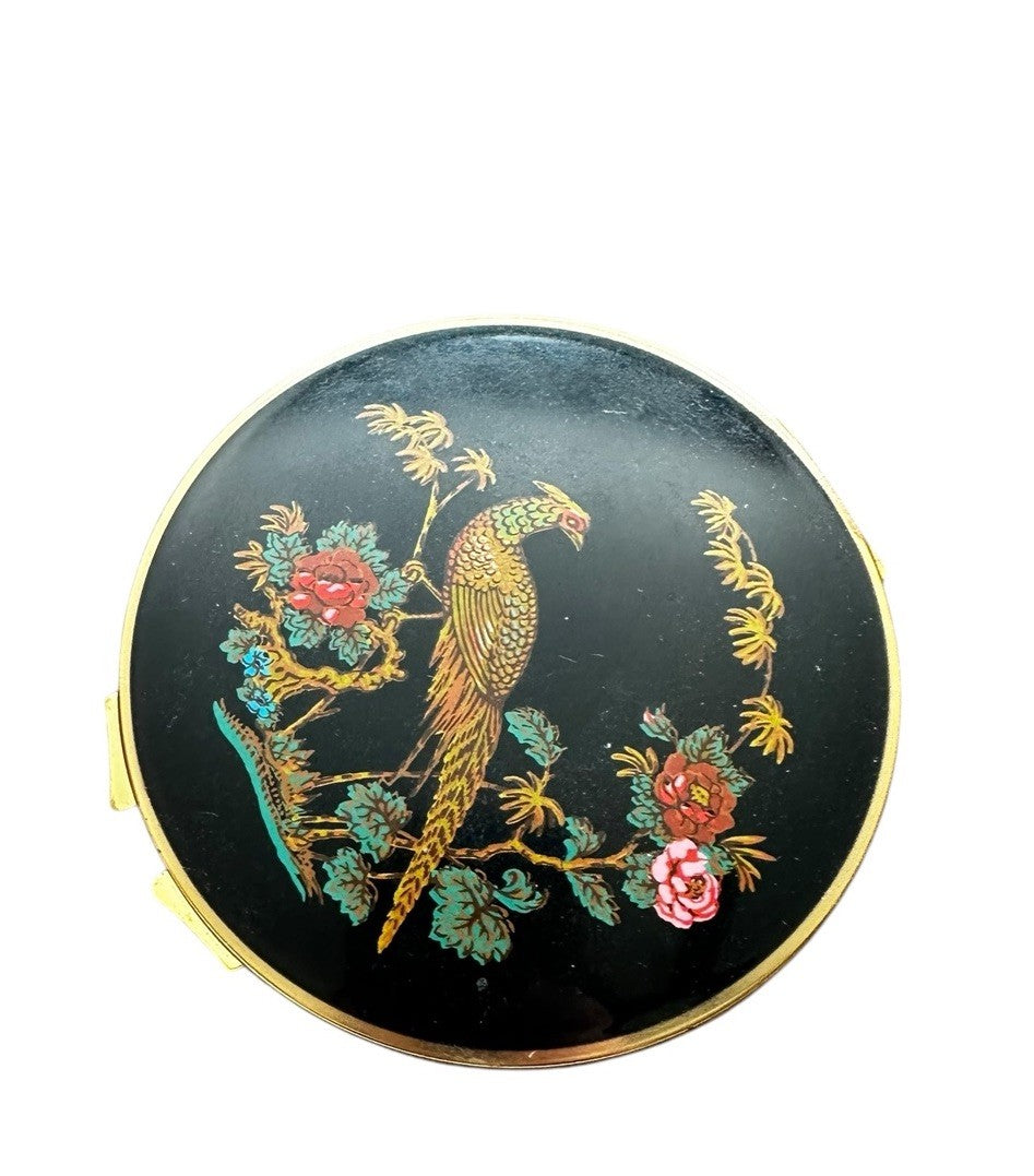 Compact Mirror England Stratton Pheasant Black/Gold Enamel Face Powder Vintage
