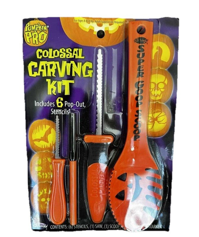 Carving Kit 4 Pieces With 6 Pop Out Stencils Pumpkin Pro Colossal New
