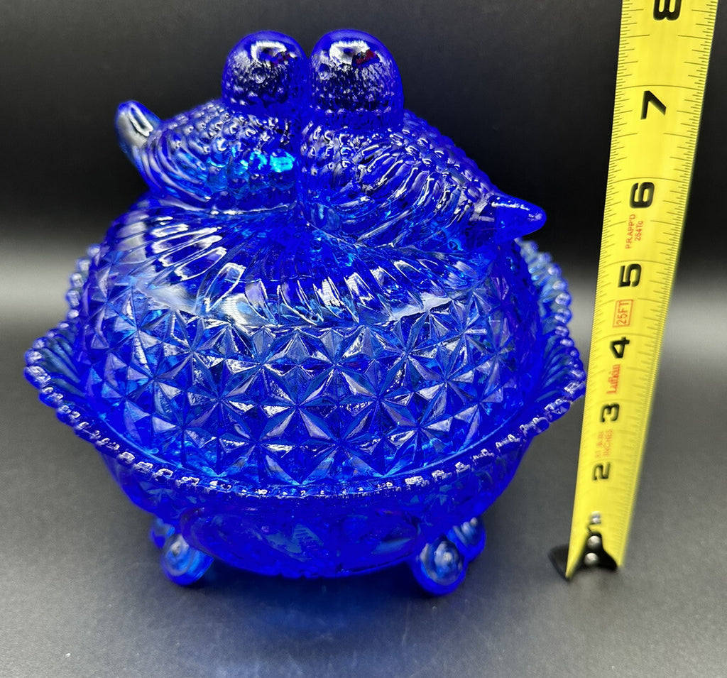 Candy Dish Hofbauer Byrdes Cobalt Blue Glass 3 Footed Large Love Birds Vintage