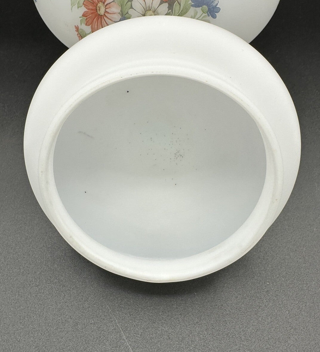 Candy Jar With Lid Flowers on frosty white Blown Heavy Glass Italy Vintage