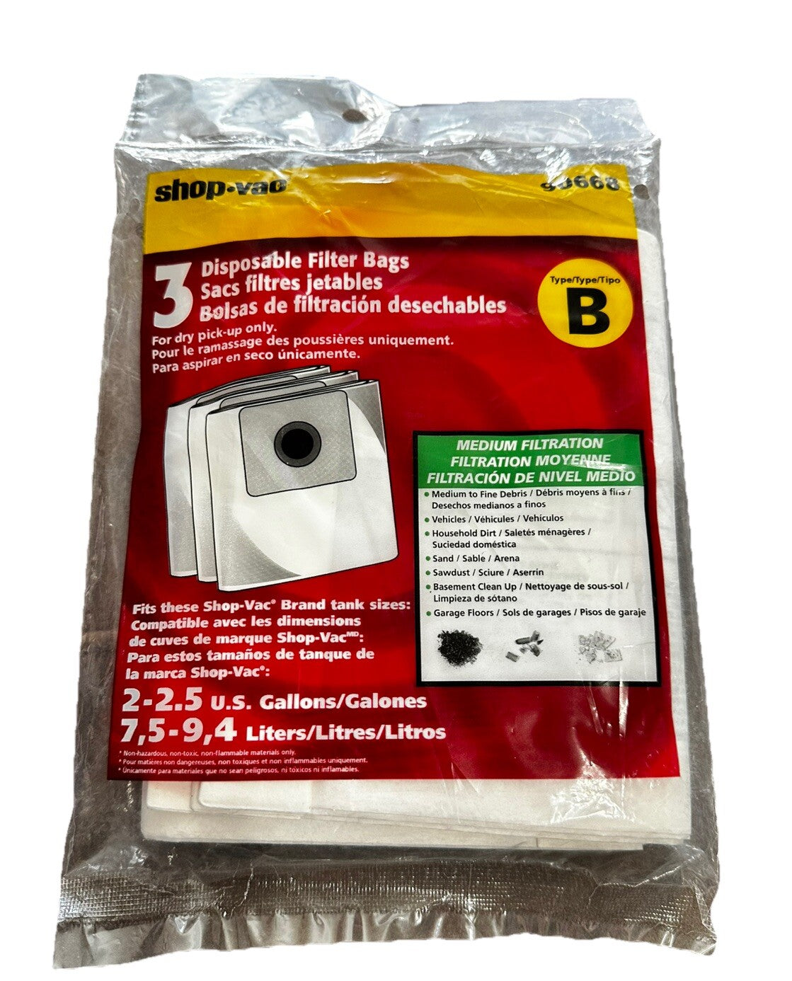 Bags for Shop Vac 2 Gal Type B All Around Vacuum Bag 90668 906-68 906-68-00 3PK