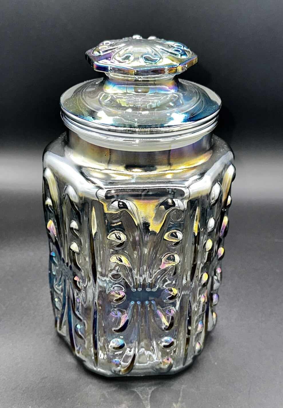 Cookie Jar Canister Carnival Glass Purple Iridescent Embossed Rainbow Vintage