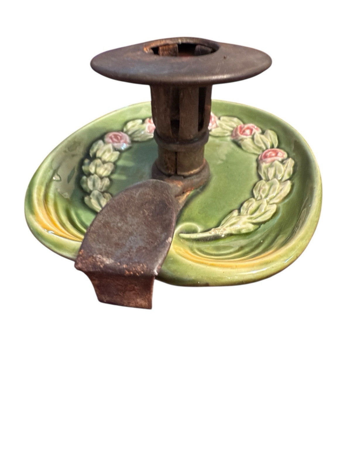 Candle Holder Green Base Decorated With Pink Roses And Metal Top And Handle Vtg