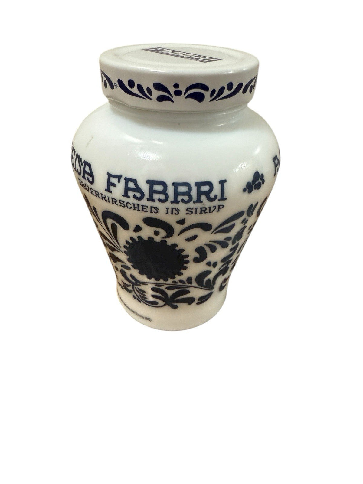 Amarena Fabbri Milk Glass Jar "Empty" Cherries Blue White Floral 5.25" H Italy