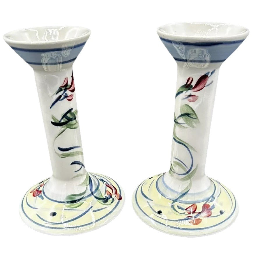 Candle Holders Signed Gail Pittman 7" Blue White Floral Narrow Neck