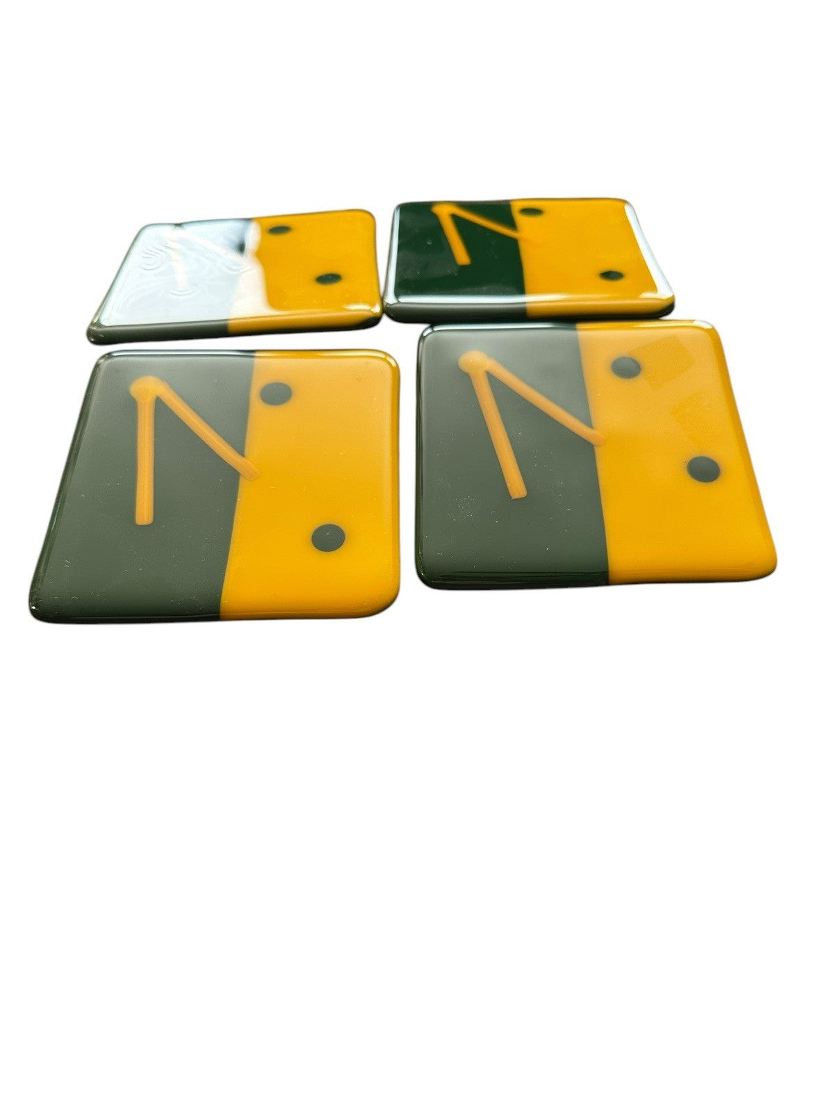 Art Glass Coasters Set Of 4 Green & Yellow Fused Dichoric 4”x4”