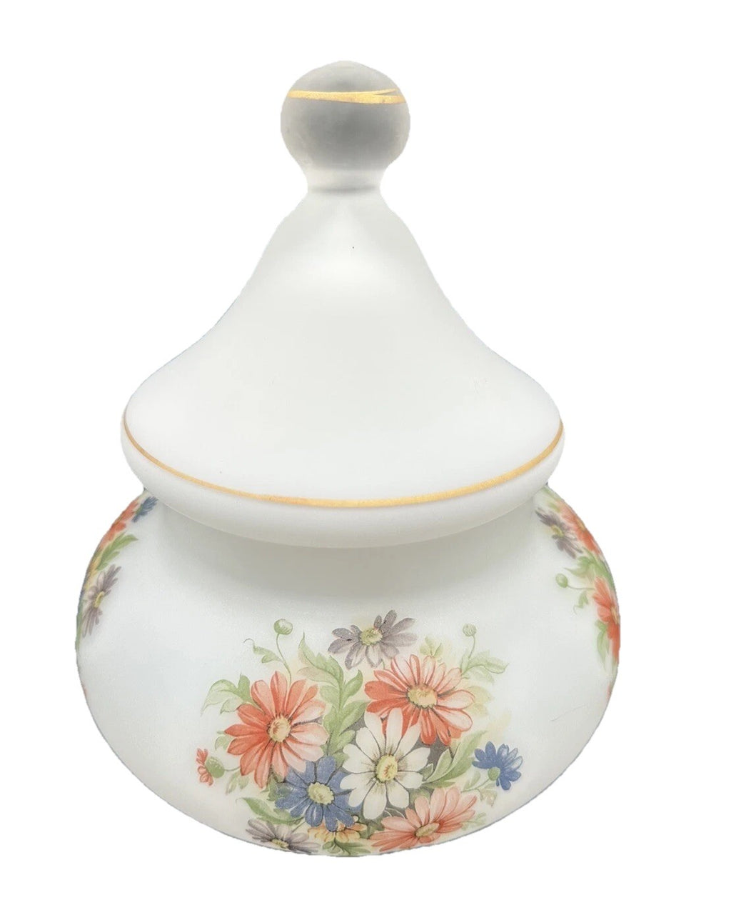 Candy Jar With Lid Flowers on frosty white Blown Heavy Glass Italy Vintage