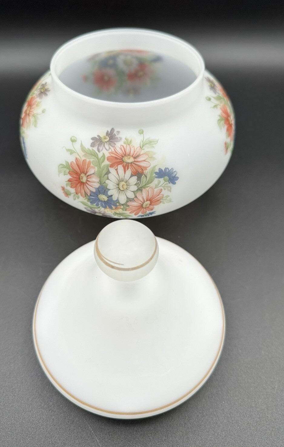 Candy Jar With Lid Flowers on frosty white Blown Heavy Glass Italy Vintage