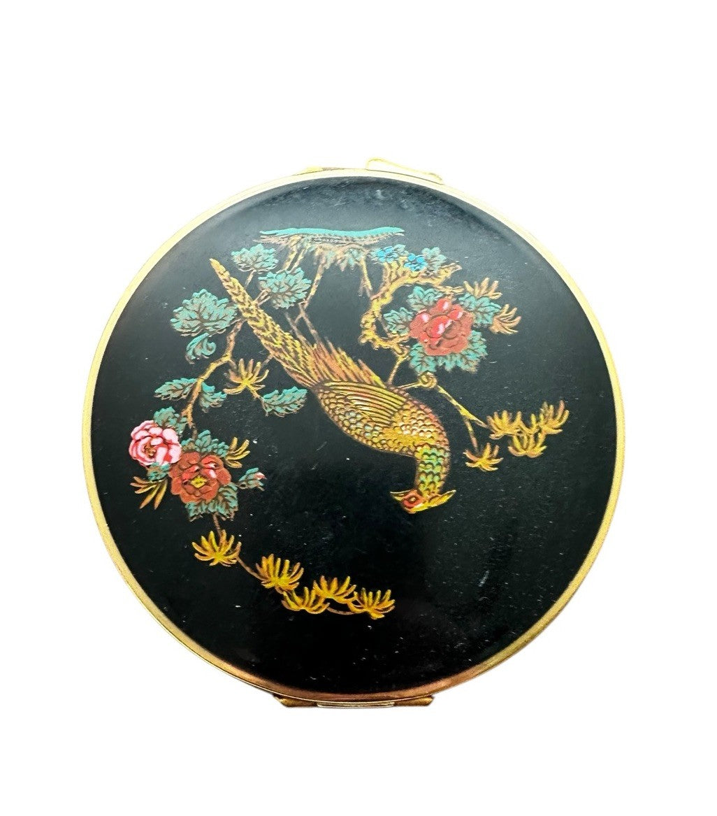 Compact Mirror England Stratton Pheasant Black/Gold Enamel Face Powder Vintage