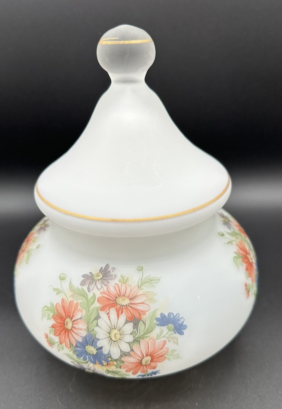 Candy Jar With Lid Flowers on frosty white Blown Heavy Glass Italy Vintage