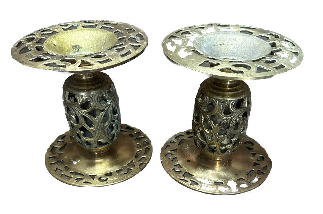Candle Holder Brass Cut Out Filagree Vases Ornate (2) Vintage