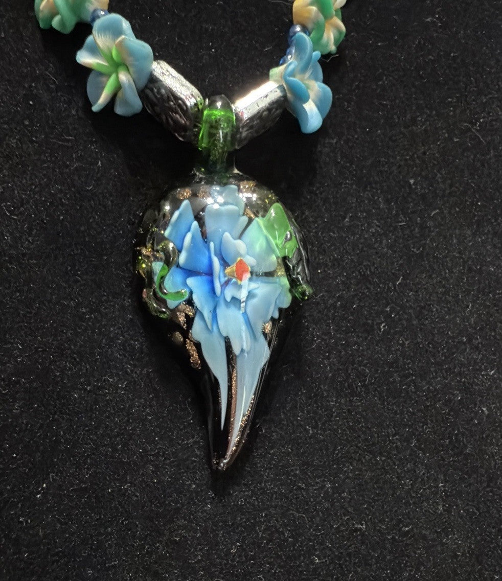 Blue Green Art Glass Pendant Beaded Floral Necklace
