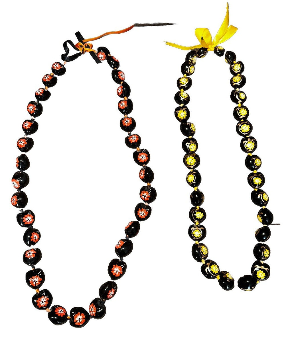 Kukui Nut Necklaces Hand Painted Hibiscus, Orange And Yellow Gold (2) Hawaiian