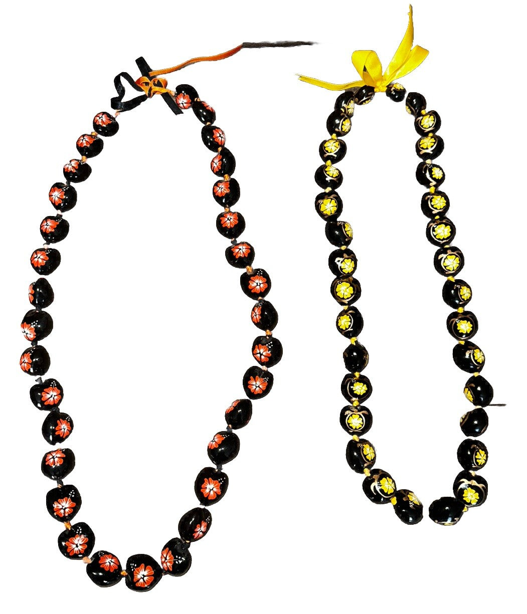 Kukui Nut Necklaces Hand Painted Hibiscus, Orange And Yellow Gold (2) Hawaiian