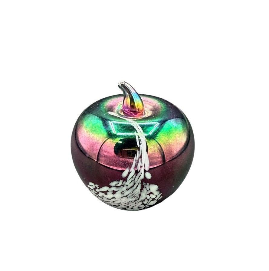 Art Glass Paperweight Apple Figure Design Purple Blue Swirl Iridescent