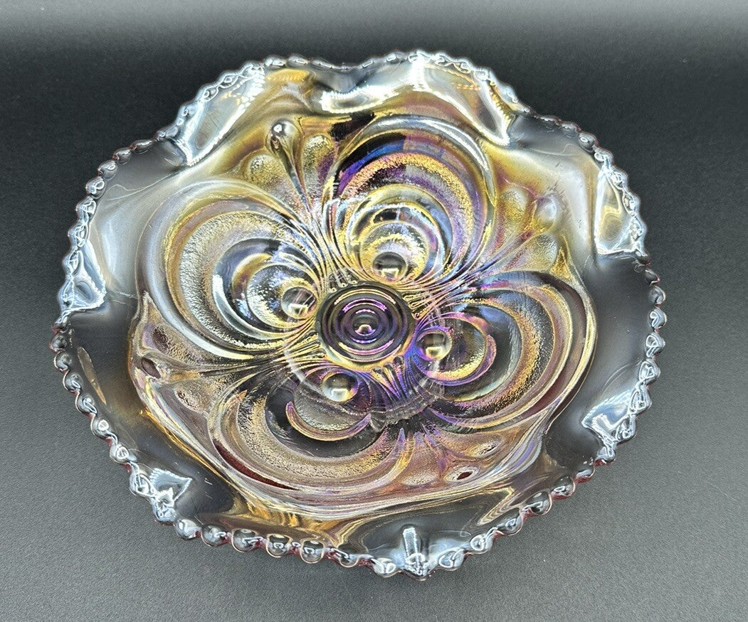 Bowl Iridescence Sawtooth Pearl Imperial Art Glass Scroll Pink Ruffled Vintage