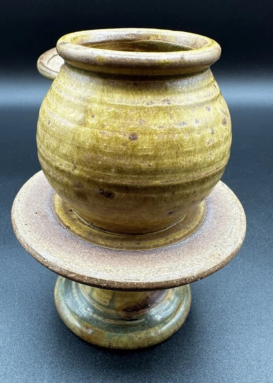 Butter Bell Keeper Crock Yellow/Brown Hues Drip Glaze Studio Art Pottery Signed