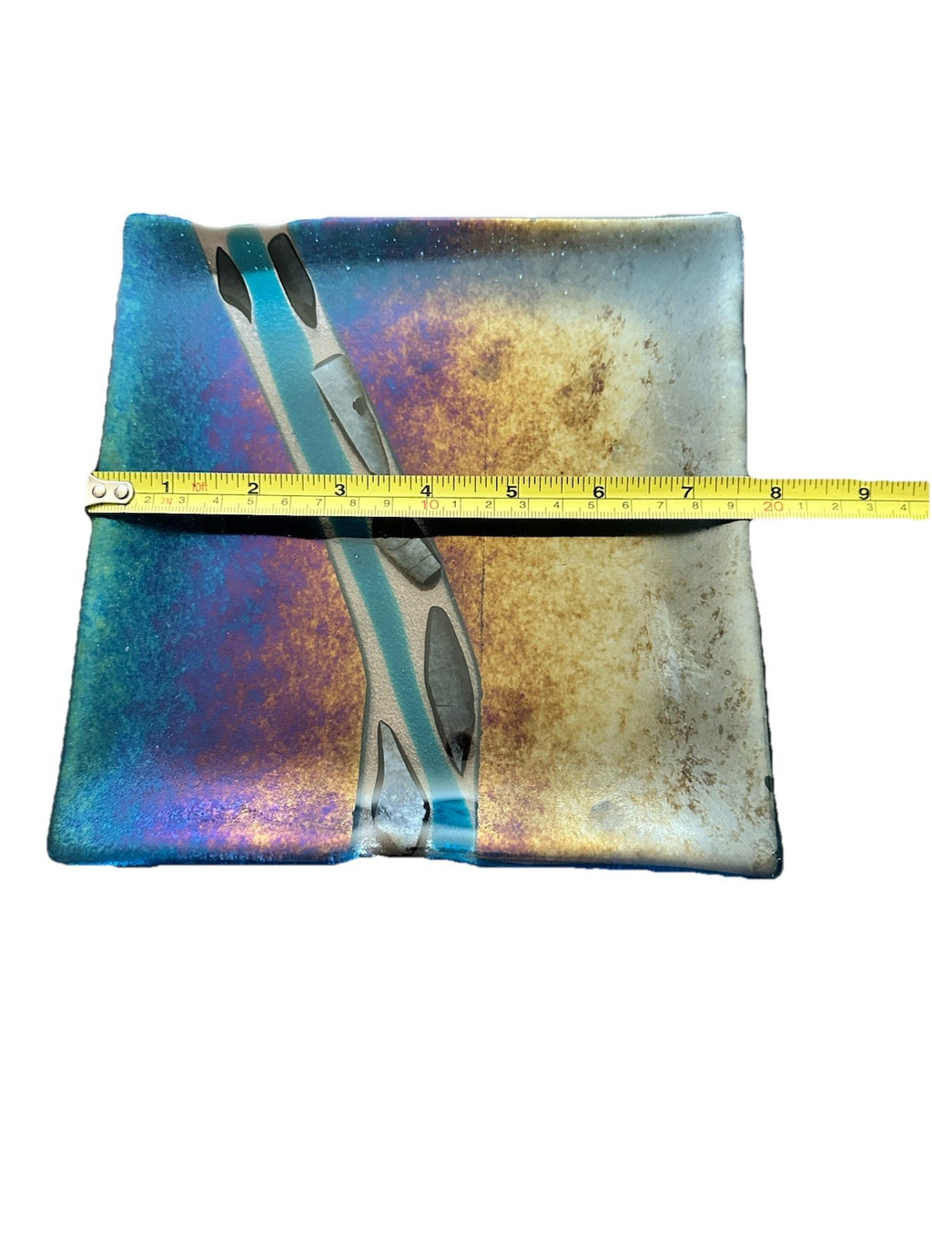 Art Glass Square 7.75” Dish Melinda Signed 08 Iridescent Dichroic Fused Studio