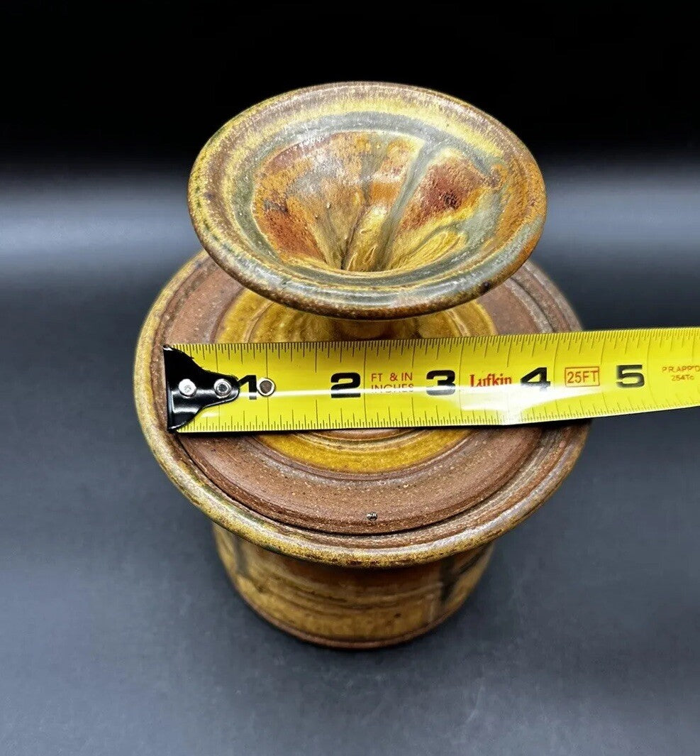 Butter Bell Keeper Crock Yellow/Brown Hues Drip Glaze Studio Art Pottery Signed