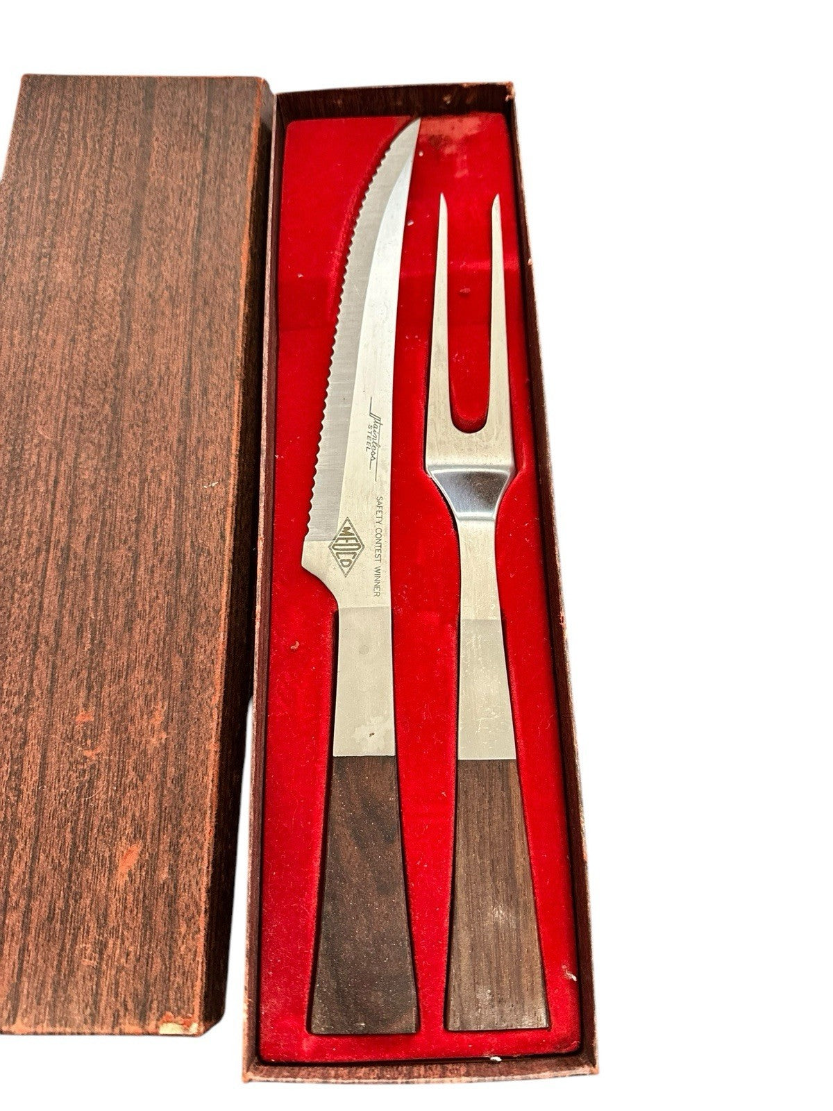 Carving Set Knife Fork Stainless Teak Medco Modern Japan 2 pc Steak Rib Vintage