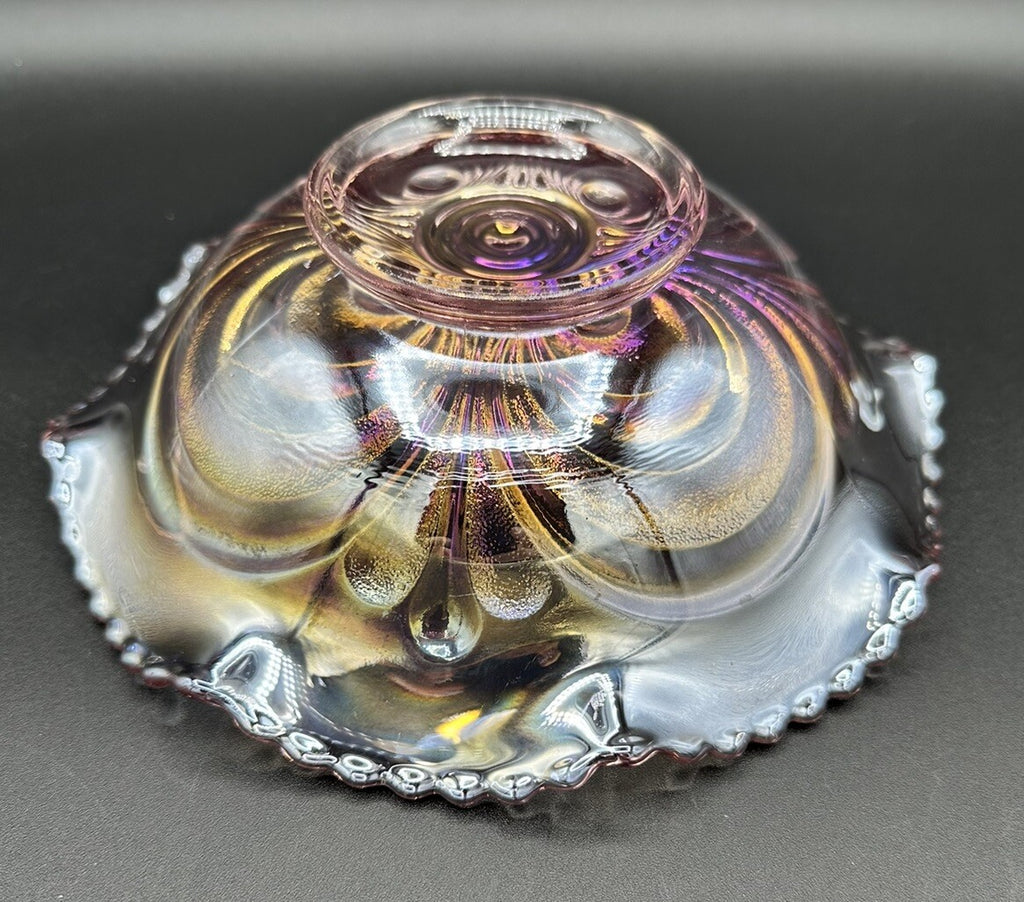 Bowl Iridescence Sawtooth Pearl Imperial Art Glass Scroll Pink Ruffled Vintage