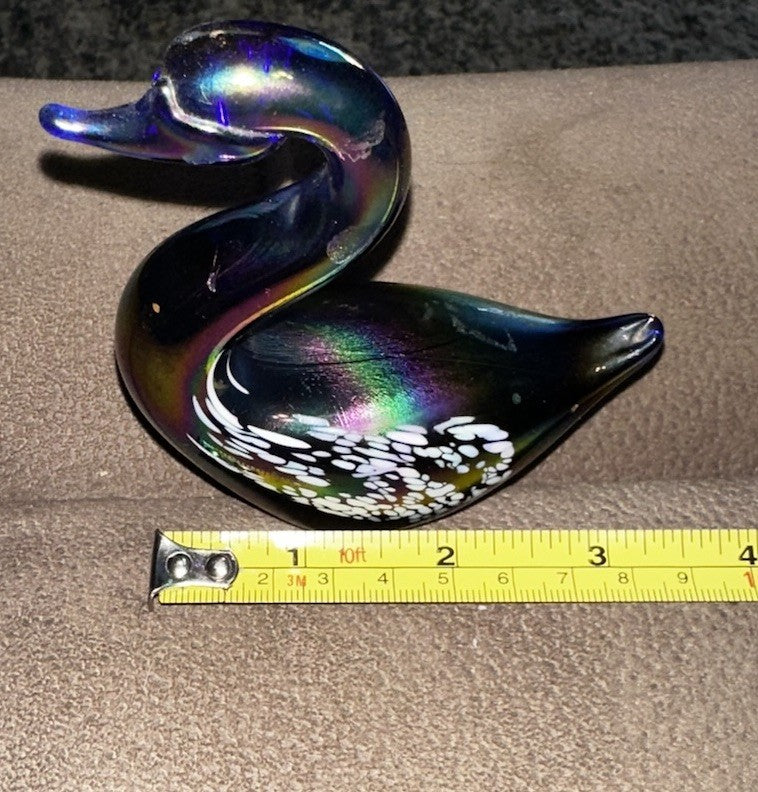 Art Glass Swan Cobalt Blue with White Iridescence Vintage