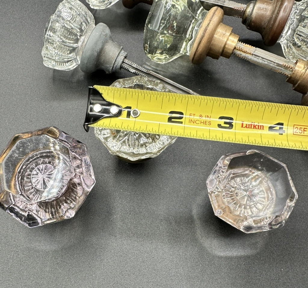 Antique Door Knobs Brass Collar & Spindles Hardware 7 Sets Glass 12 pt
