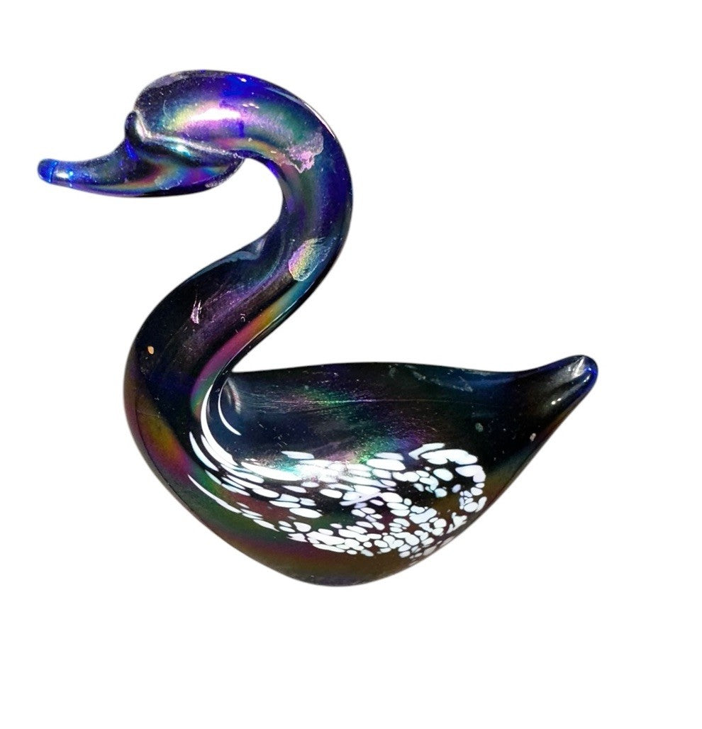 Art Glass Swan Cobalt Blue with White Iridescence Vintage
